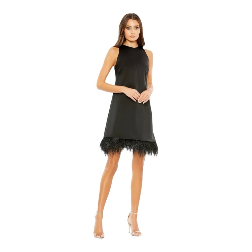 Ieena for Mac Duggal Feather Hem High Neck A-Line Dress